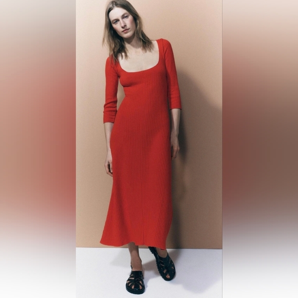 Zara Long Ribbed Dress Scoop Neck - Picture 6 of 12